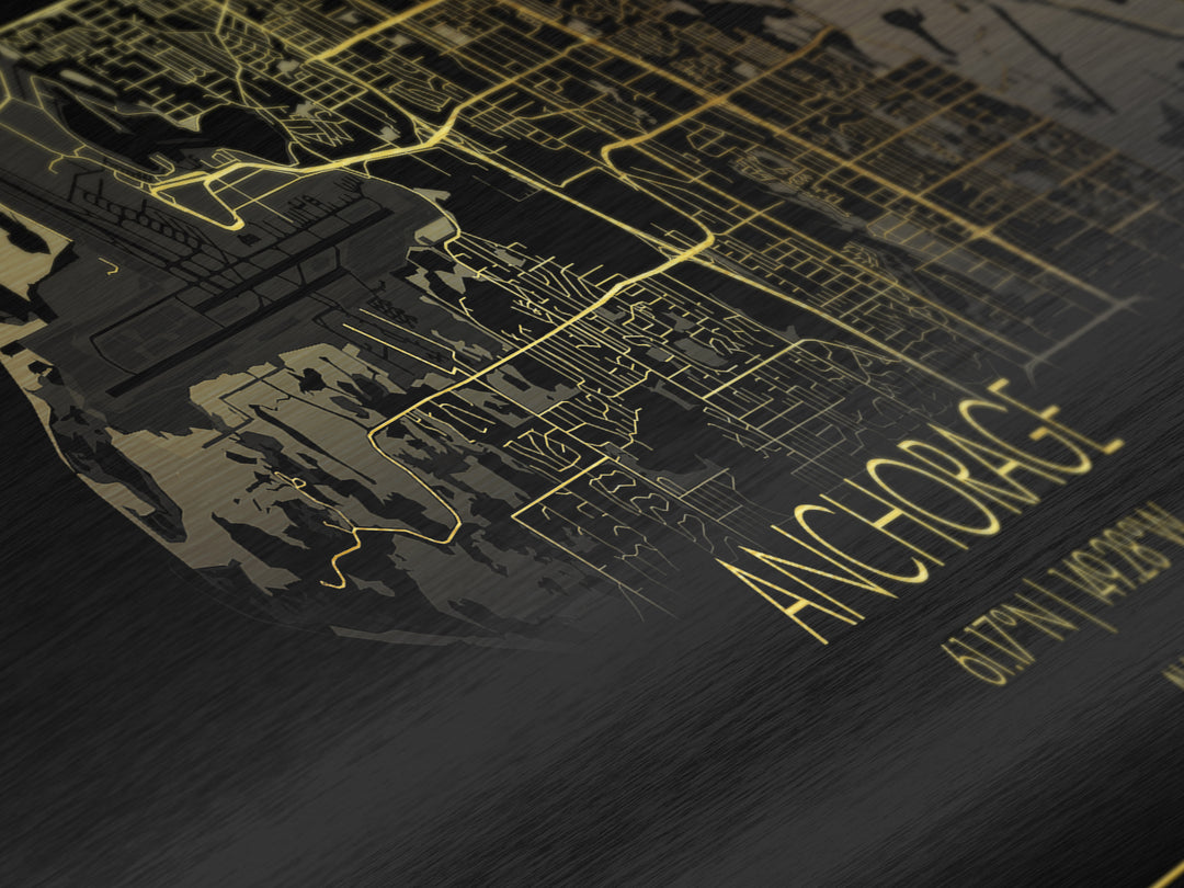 Anchorage Alaska City street map, Panoramic art, black and gold, Metallic Gold Print, Metal Art, real wood frames, Gold Street Map Art