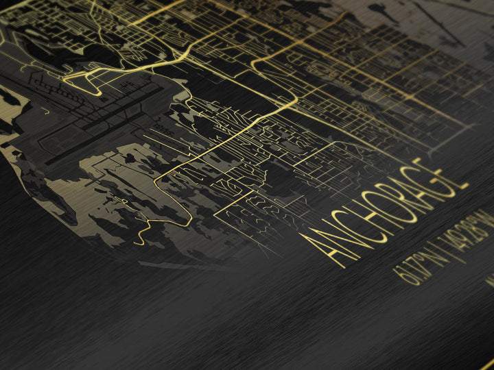 Anchorage Alaska City street map, Panoramic art, black and gold, Metallic Gold Print, Metal Art, real wood frames, Gold Street Map Art