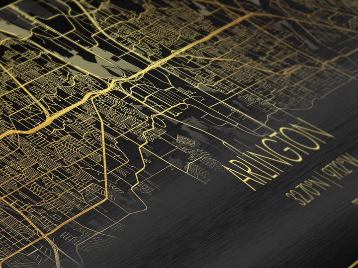 Arlington Texas City Poster, Panoramic street map, black and gold, Metallic Gold Art, Metal Art, wood framed map, Modern House Art