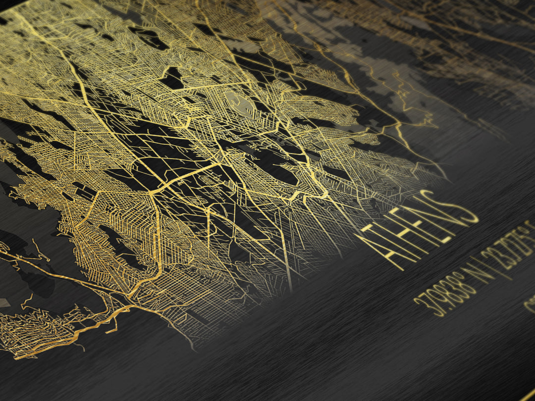 Athens Greece City street map, Panoramic art, black and gold, Metallic Gold Print, Metal Art, real wood frames, Housewarming Gift