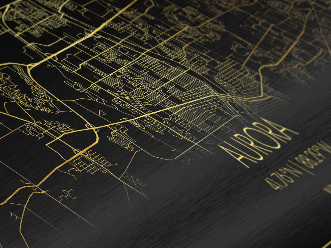 Aurora Illinois City street map, Panoramic art, black and gold, Metallic Gold Print, Metal Art, real wood frames, Map Print, Office Decor