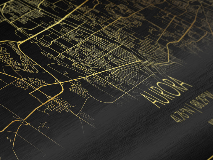 Aurora Illinois City street map, Panoramic art, black and gold, Metallic Gold Print, Metal Art, real wood frames, Map Print, Office Decor