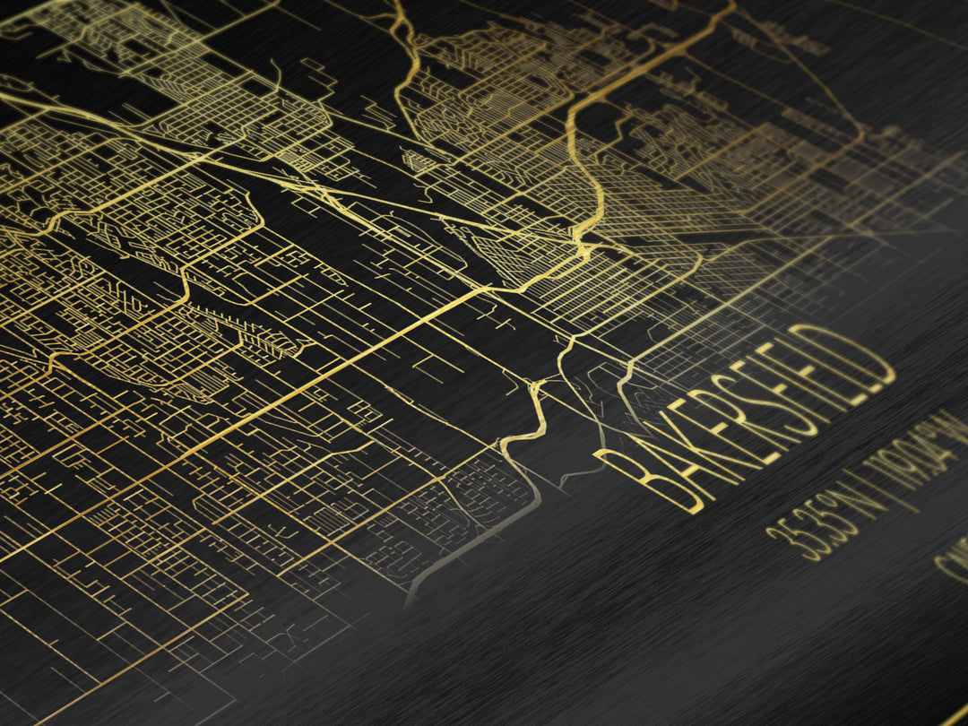Bakersfield California City street map, Panoramic art, black and gold, Metallic Gold Print, Metal Art, real wood frames, Best Friend Gifts