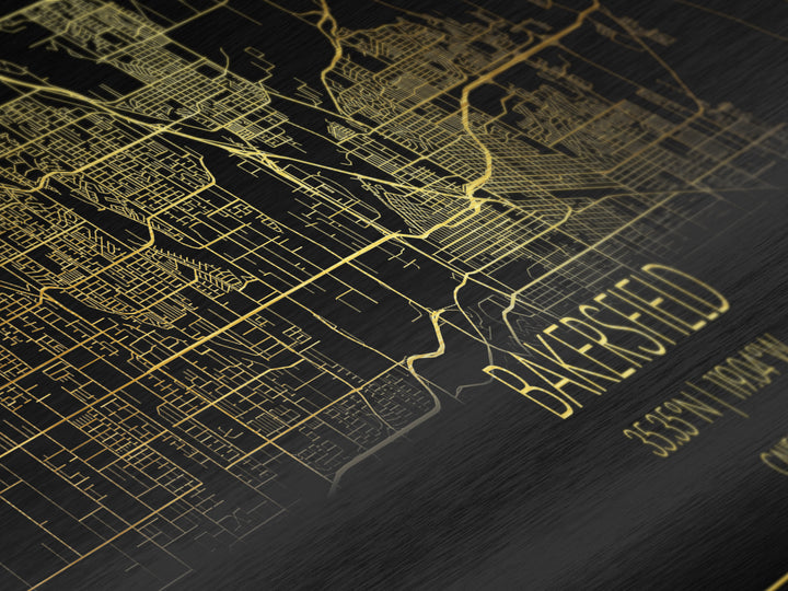 Bakersfield California City street map, Panoramic art, black and gold, Metallic Gold Print, Metal Art, real wood frames, Best Friend Gifts