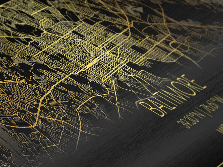 Baltimore Maryland City street map, Panoramic art, black and gold, Metallic Gold Print, Metal Art, real wood frames, Modern Wall Art