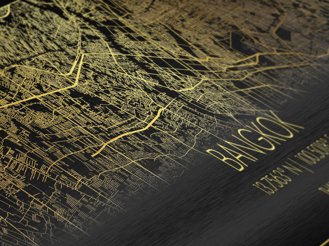 Bangkok Thailand City Poster, Panoramic street map, black and gold, Metallic Gold Art, Metal Art, wood framed map, Metallic Gold Foil  Art
