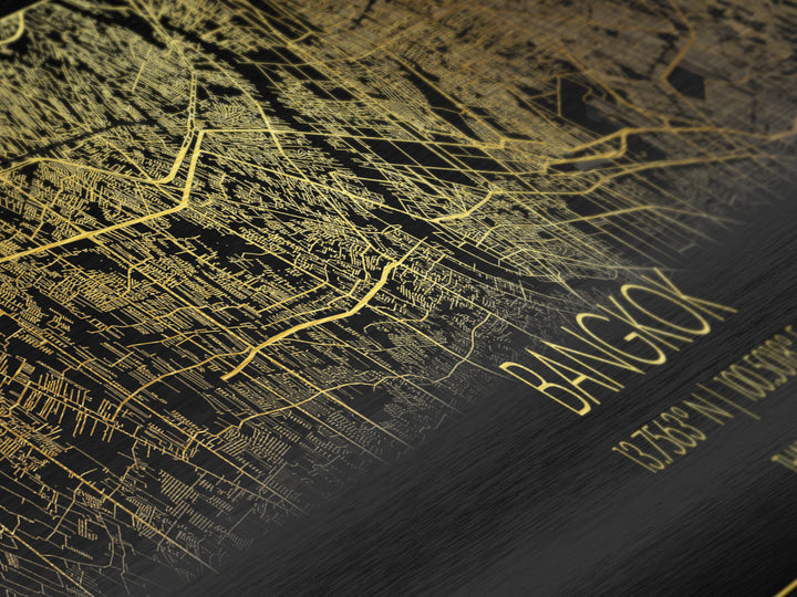Bangkok Thailand City Poster, Panoramic street map, black and gold, Metallic Gold Art, Metal Art, wood framed map, Metallic Gold Foil  Art