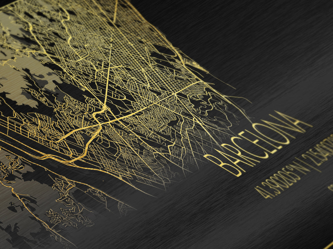 Barcelona Spain City street map, Panoramic art, black and gold, Metallic Gold Print, Metal Art, real wood frames, Modern Wall Art