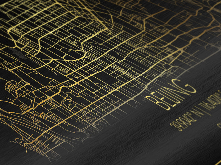 Beijing China map, Panoramic art, black and gold, Metallic Gold Print, Metal Art, real wood frames, College Dorm Décor, Best Friend Gifts