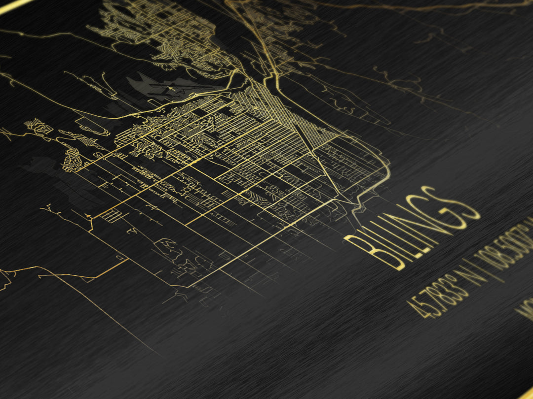 Billings Montana City street map, Panoramic art, black and gold, Metallic Gold Print, Metal Art, real wood frames, Map Print Poster