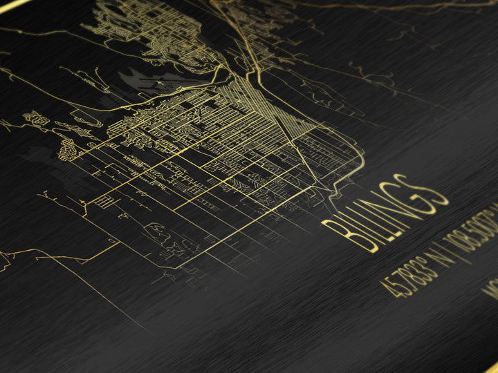 Billings Montana City street map, Panoramic art, black and gold, Metallic Gold Print, Metal Art, real wood frames, Map Print Poster