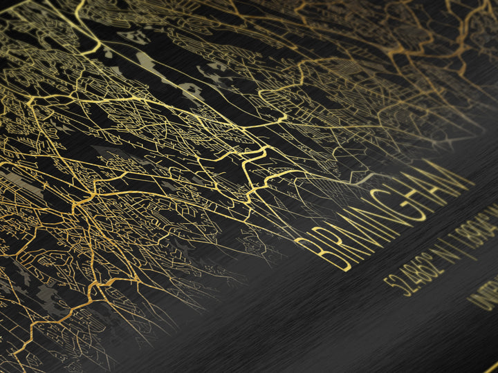 Birmingham United Kingdom City street map, Panoramic art, black and gold, Metallic Gold Print, Metal Art, real wood frames, Modern Wall Art