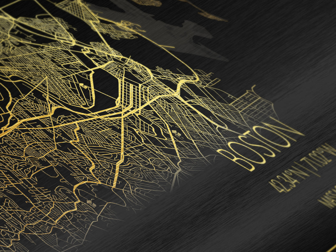 Boston Massachusetts map, Panoramic art, black and gold, Metallic Gold Print, Metal Art, real wood frames, Wall Art, Housewarming Gift