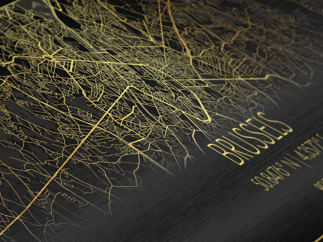Brussels Belgium street map, Panoramic art, black and gold, Metallic Gold Print, Metal Art, real wood frames, Street Map Art, Modern Art