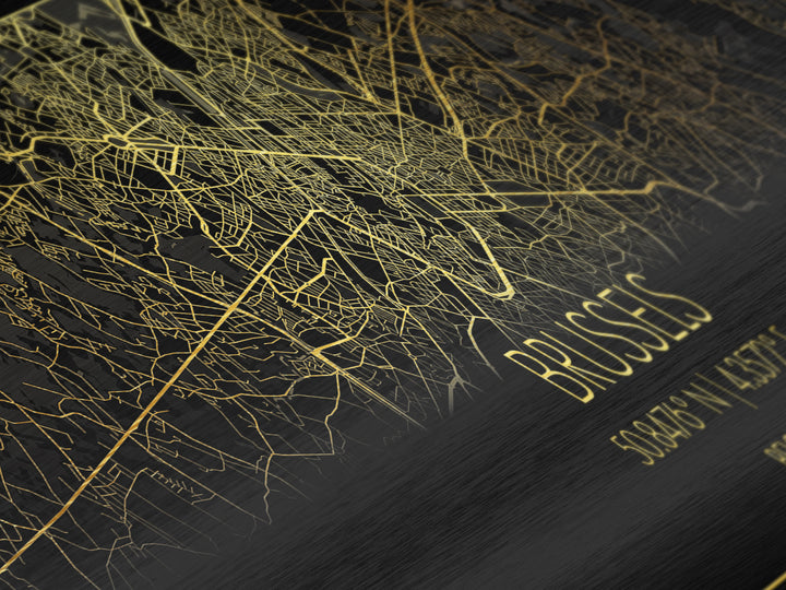 Brussels Belgium street map, Panoramic art, black and gold, Metallic Gold Print, Metal Art, real wood frames, Street Map Art, Modern Art