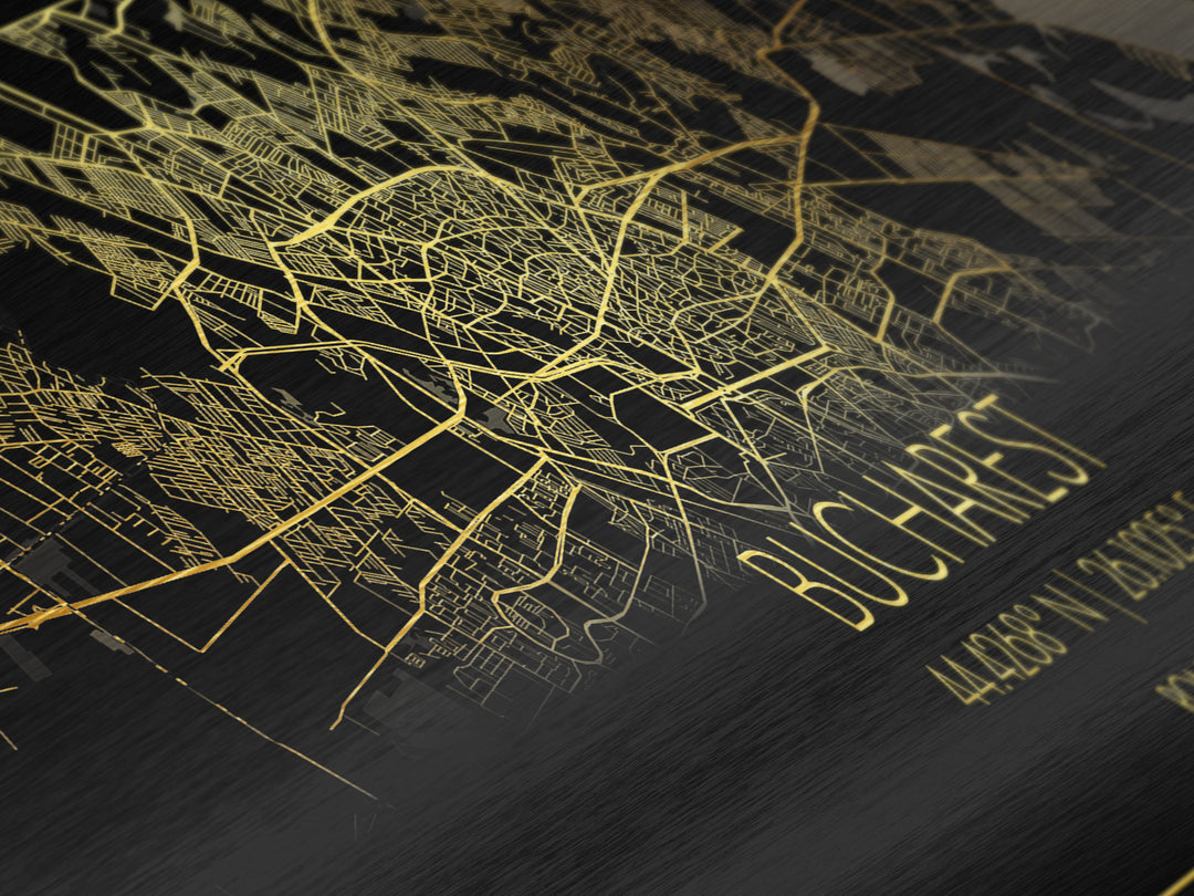Bucharest Romania Poster, Panoramic street map, black and gold, Metallic Gold Art, Metal Art, wood framed map, Map Print Poster