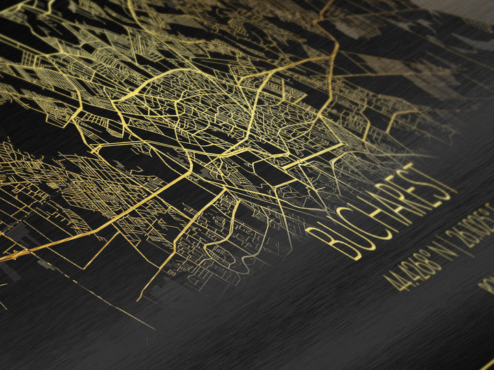 Bucharest Romania Poster, Panoramic street map, black and gold, Metallic Gold Art, Metal Art, wood framed map, Map Print Poster