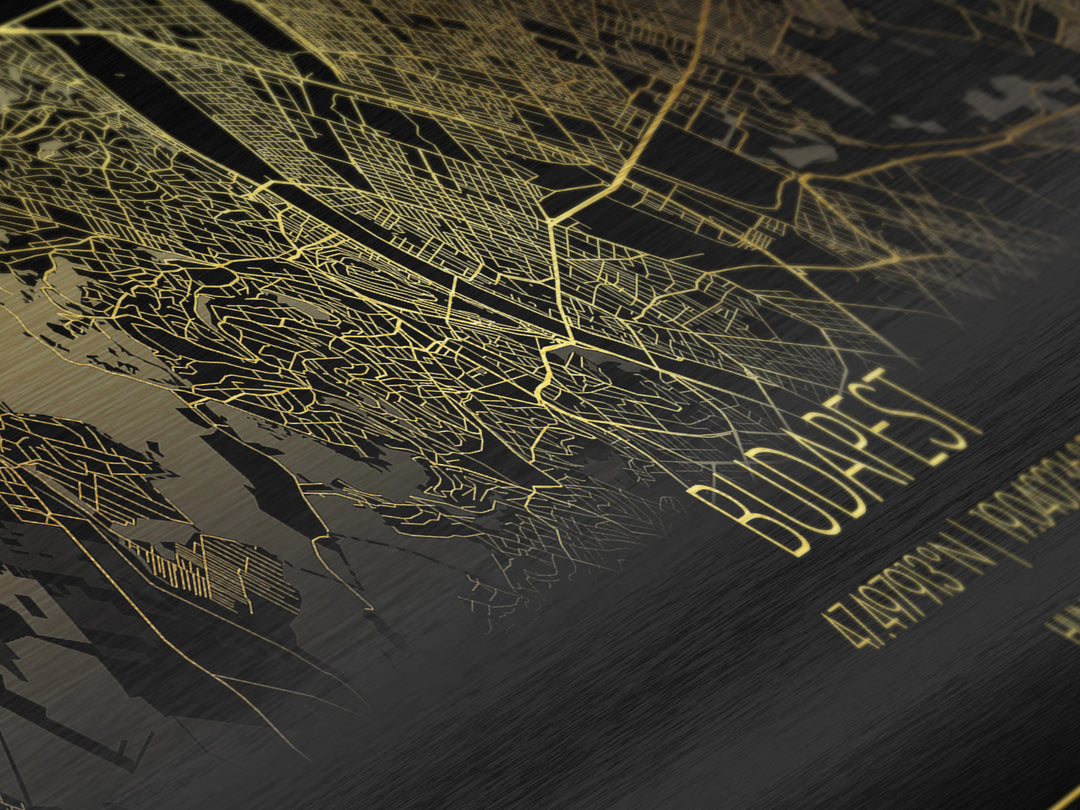 Budapest Hungary City street map, Panoramic art, black and gold, Metallic Gold Print, Metal Art, real wood frames, Minimalist Wall Art