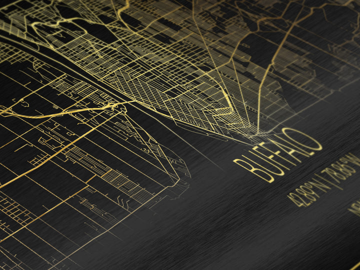 Buffalo New York City Poster, Panoramic street map, black and gold, Metallic Gold Art, Metal Art, wood framed map, Modern Wall Art, City Map