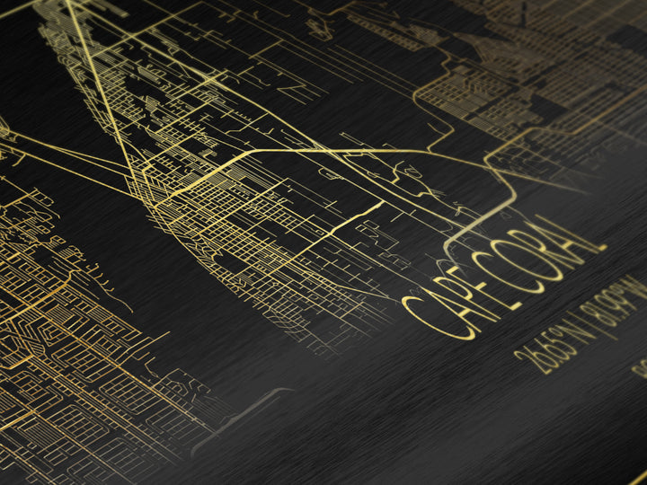 Cape Coral Florida City street map, Panoramic art, black and gold, Metallic Gold Print, Metal Art, real wood frames, Housewarming Gift