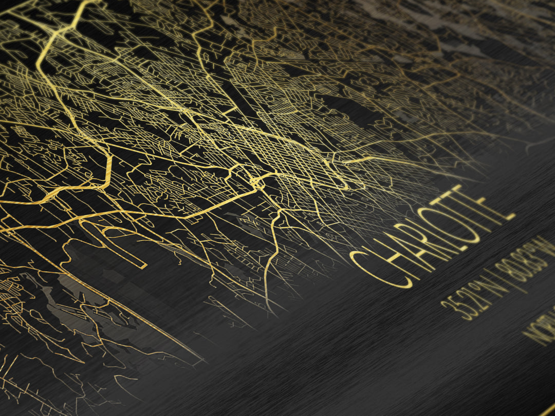 Charlotte North Carolina City street map, Panoramic art, black and gold, Metallic Gold Print, Metal Art, real wood frames, Office Décor