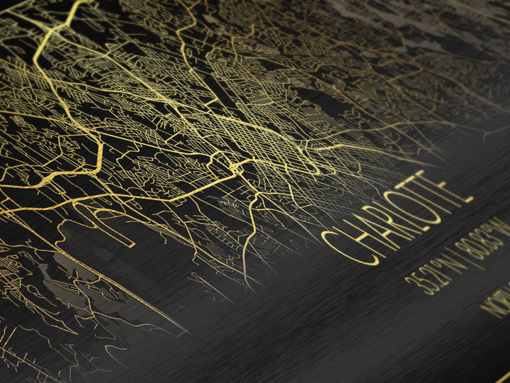 Charlotte North Carolina City street map, Panoramic art, black and gold, Metallic Gold Print, Metal Art, real wood frames, Office Décor