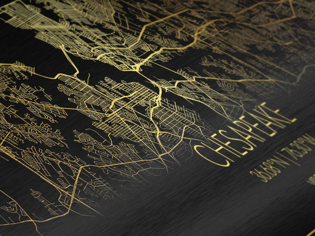 Chesapeake Virginia City street map, Panoramic art, black and gold, Metallic Gold Print, Metal Art, real wood frames, Minimalist Wall Art