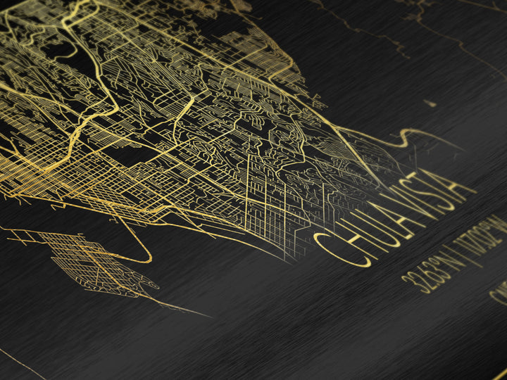 Chula Vista California City street map, Panoramic art, black and gold, Metallic Gold Print, Metal Art, real wood frames, Wall Art, Closing Gift