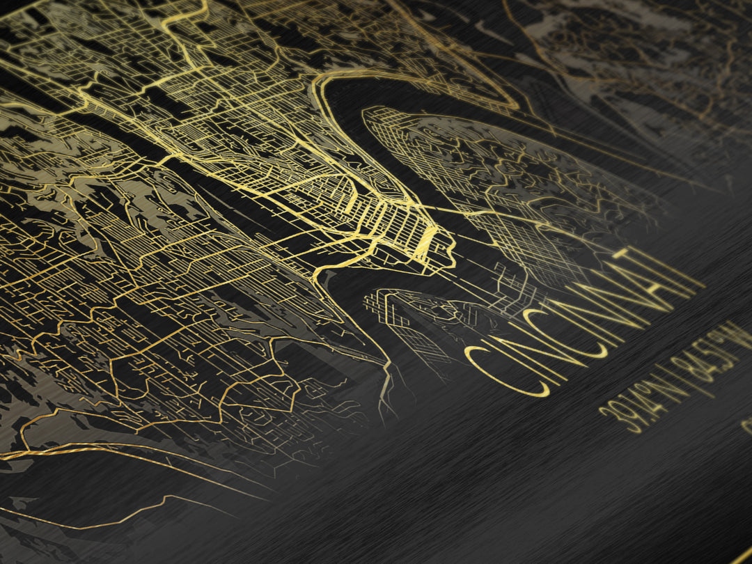 Cincinnati Ohio Poster, Panoramic street map, black and gold, Metallic Gold Art, Metal Art, wood framed map, Office Decor, Housewarming Gift