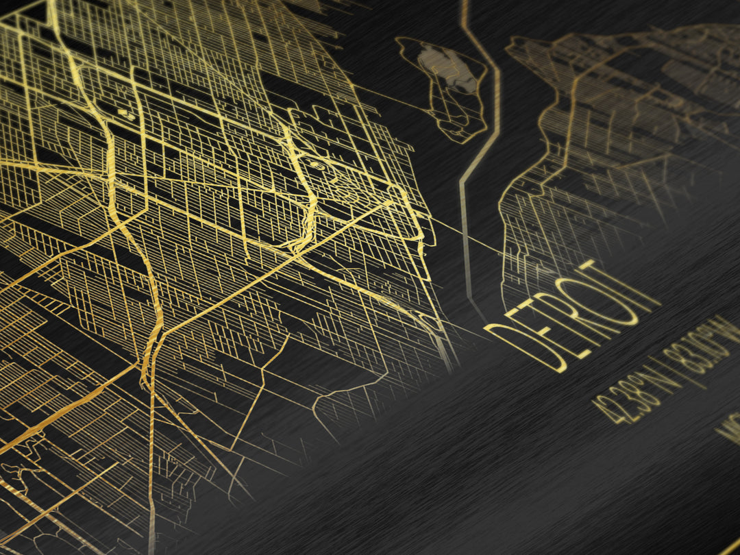Detroit Michigan City street map, Panoramic art, black and gold, Metallic Gold Print, Metal Art, real wood frames, Minimalist Wall Art