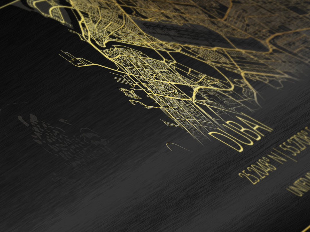 Dubai United Arab Emirates City Poster, Panoramic street map, black and gold, Metallic Gold Art, Metal Art, wood framed map, Modern Wall Art