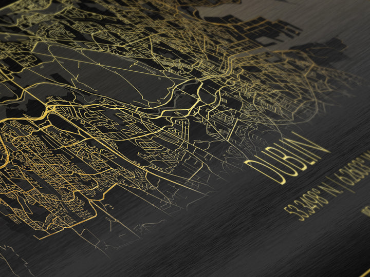 Dublin Ireland map, Panoramic art, black and gold, Metallic Gold Print, Metal Art, real wood frames, Street Map Art, Housewarming Gift