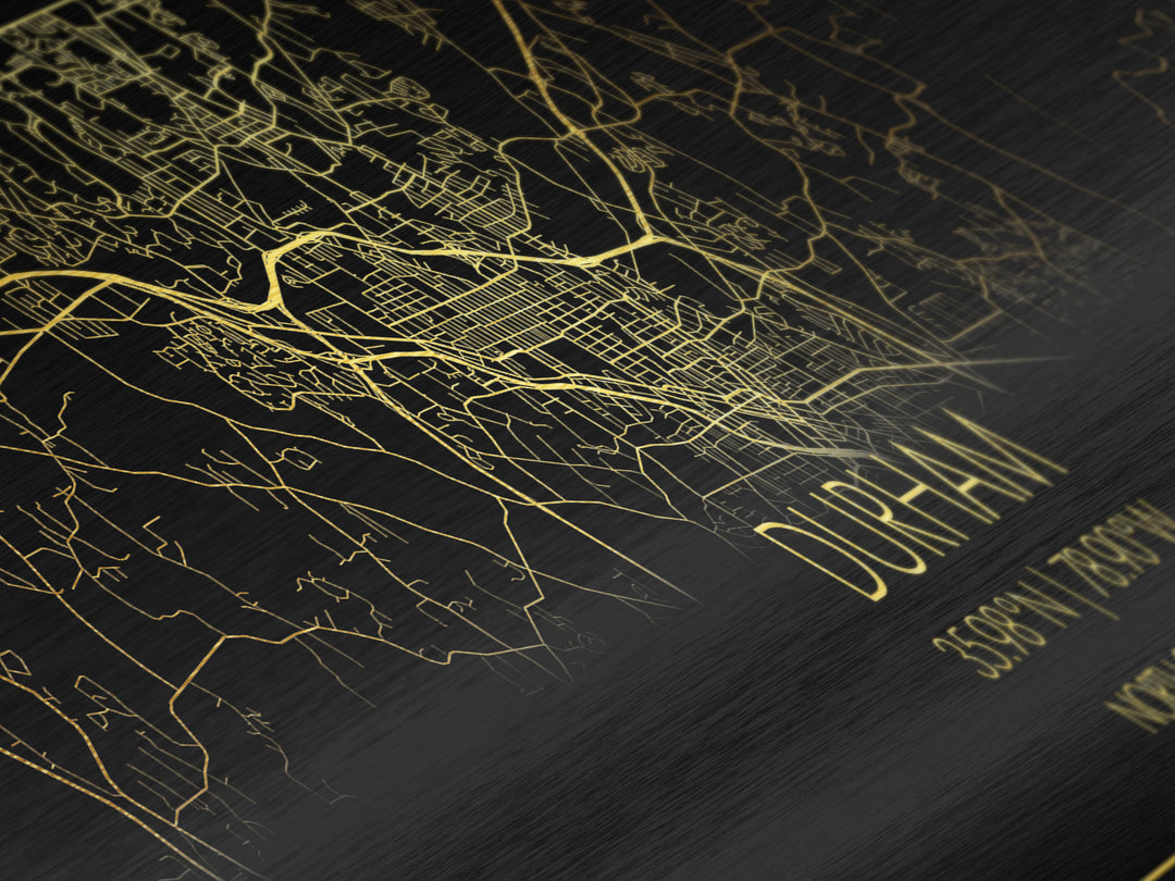 Durham North Carolina City Poster, Panoramic street map, black and gold, Metallic Gold Art, Metal Art, wood framed map, Modern Wall Art