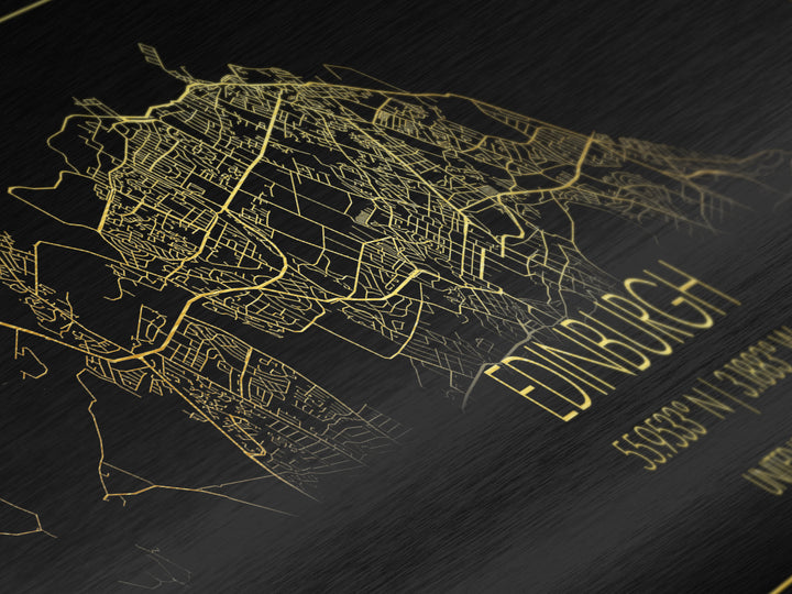 Edinburgh United Kingdom City street map, Panoramic art, black and gold, Metallic Gold Print, Metal Art, real wood frames, Best Friend Gifts