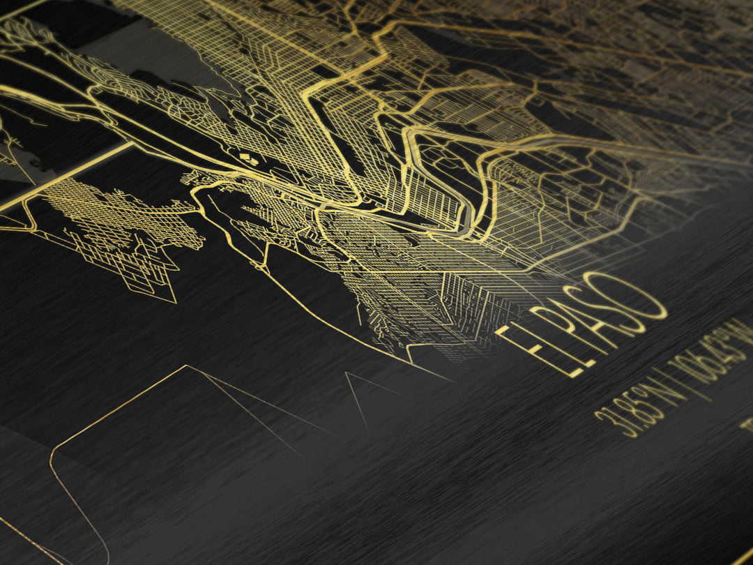 El Paso Texas City street map, Panoramic art, black and gold, Metallic Gold Print, Metal Art, real wood frames, Wall Art, City Map Print Poster