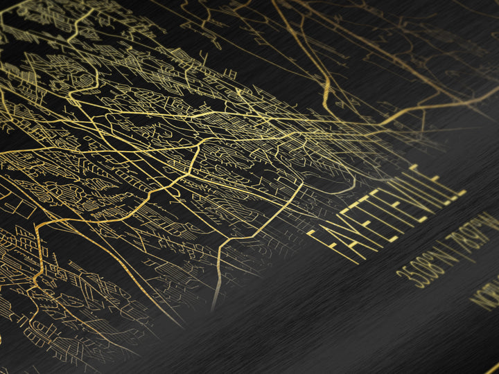 Fayetteville North Carolina City street map, Panoramic art, black and gold, Metallic Gold Print, Metal Art, real wood frames, Street Map Art