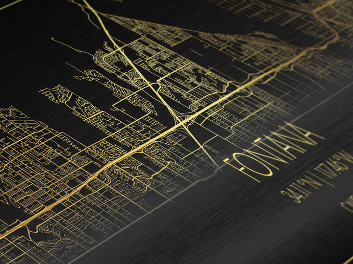Fontana California City Poster, Panoramic street map, black and gold, Metallic Gold Art, Metal Art, wood framed map, Best Friend Gifts