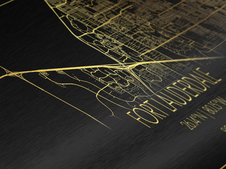 Fort Lauderdale Florida City street map, Panoramic art, black and gold, Metallic Gold Print, Metal Art, real wood frames, Modern Wall Art