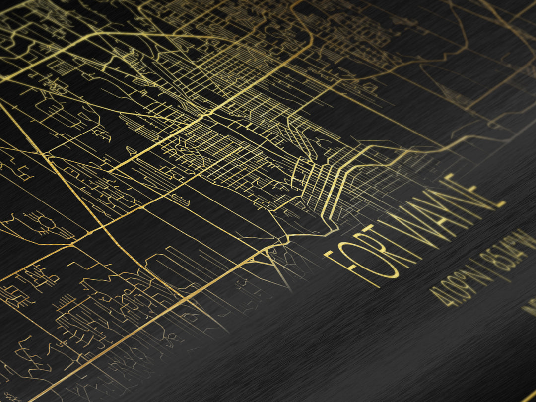 Fort Wayne Indiana City Poster, Panoramic street map, black and gold, Metallic Gold Art, Metal Art, wood framed map, Office Décor