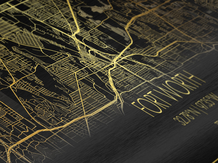 Fort Worth Texas City street map, Panoramic art, black and gold, Metallic Gold Print, Metal Art, real wood frames, Housewarming Gift