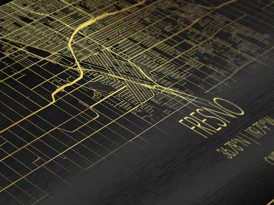 Fresno California City street map, Panoramic art, black and gold, Metallic Gold Print, Metal Art, real wood frames, Minimalist Wall Art