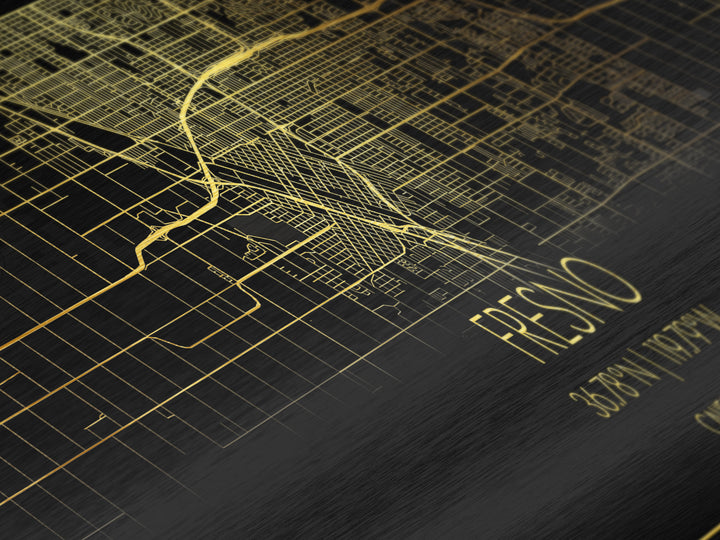 Fresno California City street map, Panoramic art, black and gold, Metallic Gold Print, Metal Art, real wood frames, Minimalist Wall Art