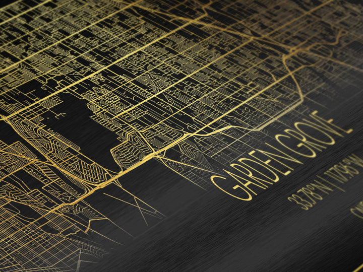Garden Grove California City street map, Panoramic art, black and gold, Metallic Gold Print, Metal Art, real wood frames, Modern Wall Art