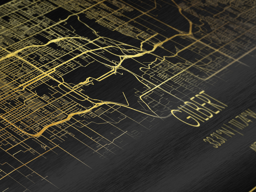 Gilbert Arizona map, Panoramic art, black and gold, Metallic Gold Print, Metal Art, real wood frames, Street Map Art, Best Friend Gifts