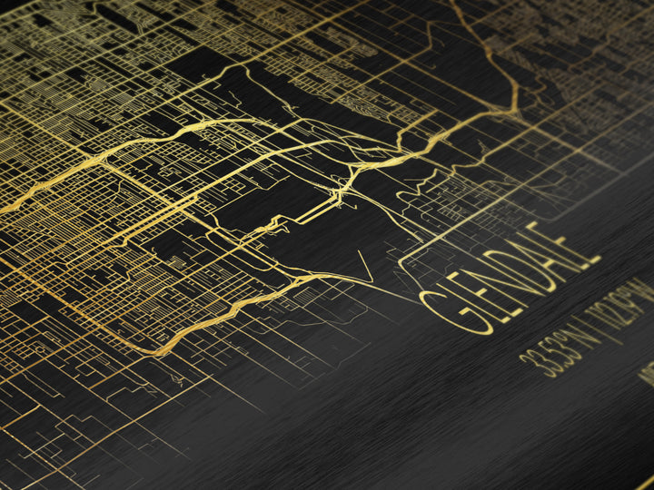 Glendale Arizona City Poster, Panoramic street map, black and gold, Metallic Gold Art, Metal Art, wood framed map, College Dorm Décor