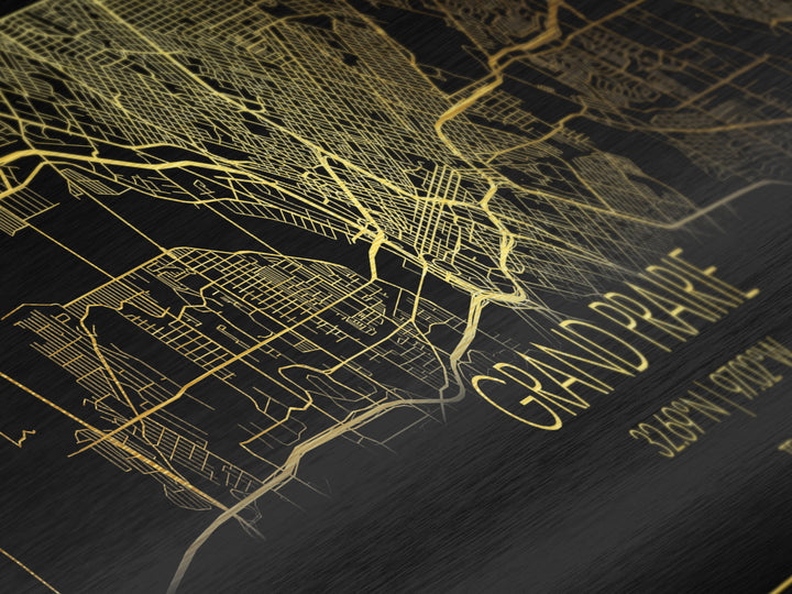 Grand Prairie Texas City Poster, Panoramic street map, black and gold, Metallic Gold Art, Metal Art, wood framed map, Modern House Art