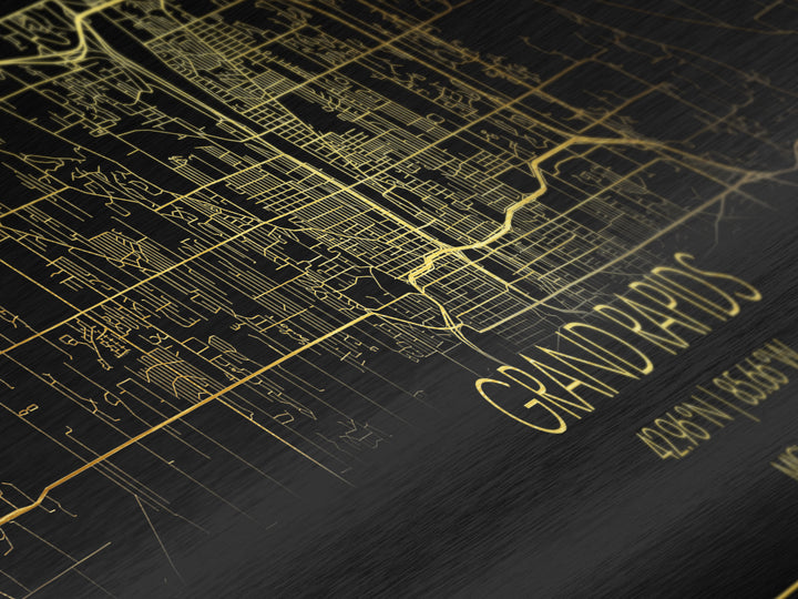 Grand Rapids Michigan City street map, Panoramic art, black and gold, Metallic Gold Print, Metal Art, real wood frames, Street Map Art