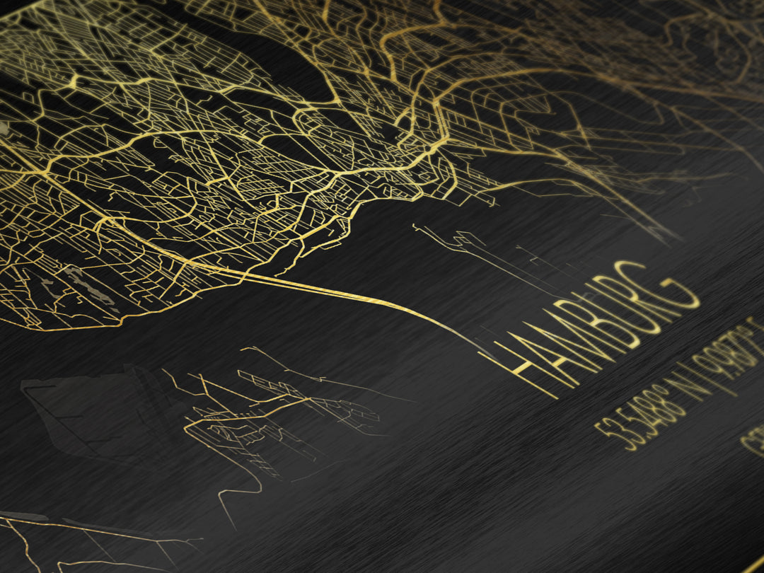 Hamburg Germany City street map, Panoramic art, black and gold, Metallic Gold Print, Metal Art, real wood frames, College Dorm Décor