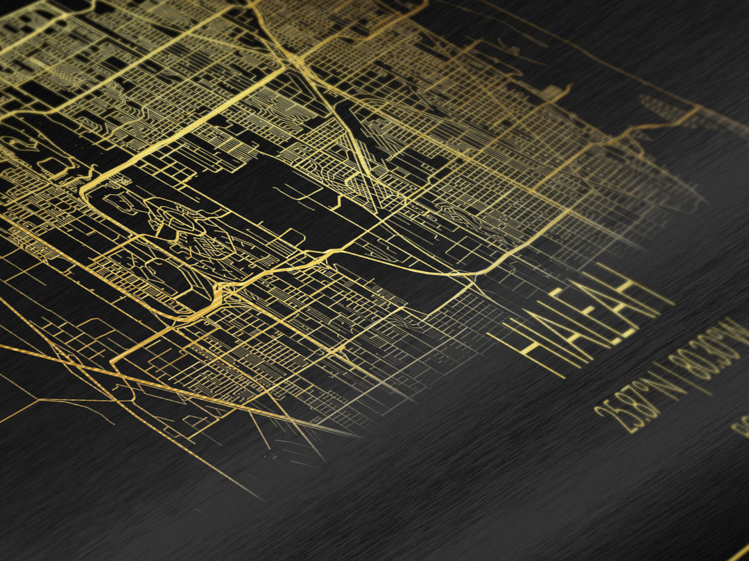 Hialeah Florida City street map, Panoramic art, black and gold, Metallic Gold Print, Metal Art, real wood frames, Modern House Art
