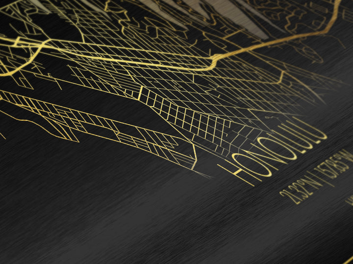 Honolulu Hawaii City street map, Panoramic art, black and gold, Metallic Gold Print, Metal Art, real wood frames, City Map Print Poster